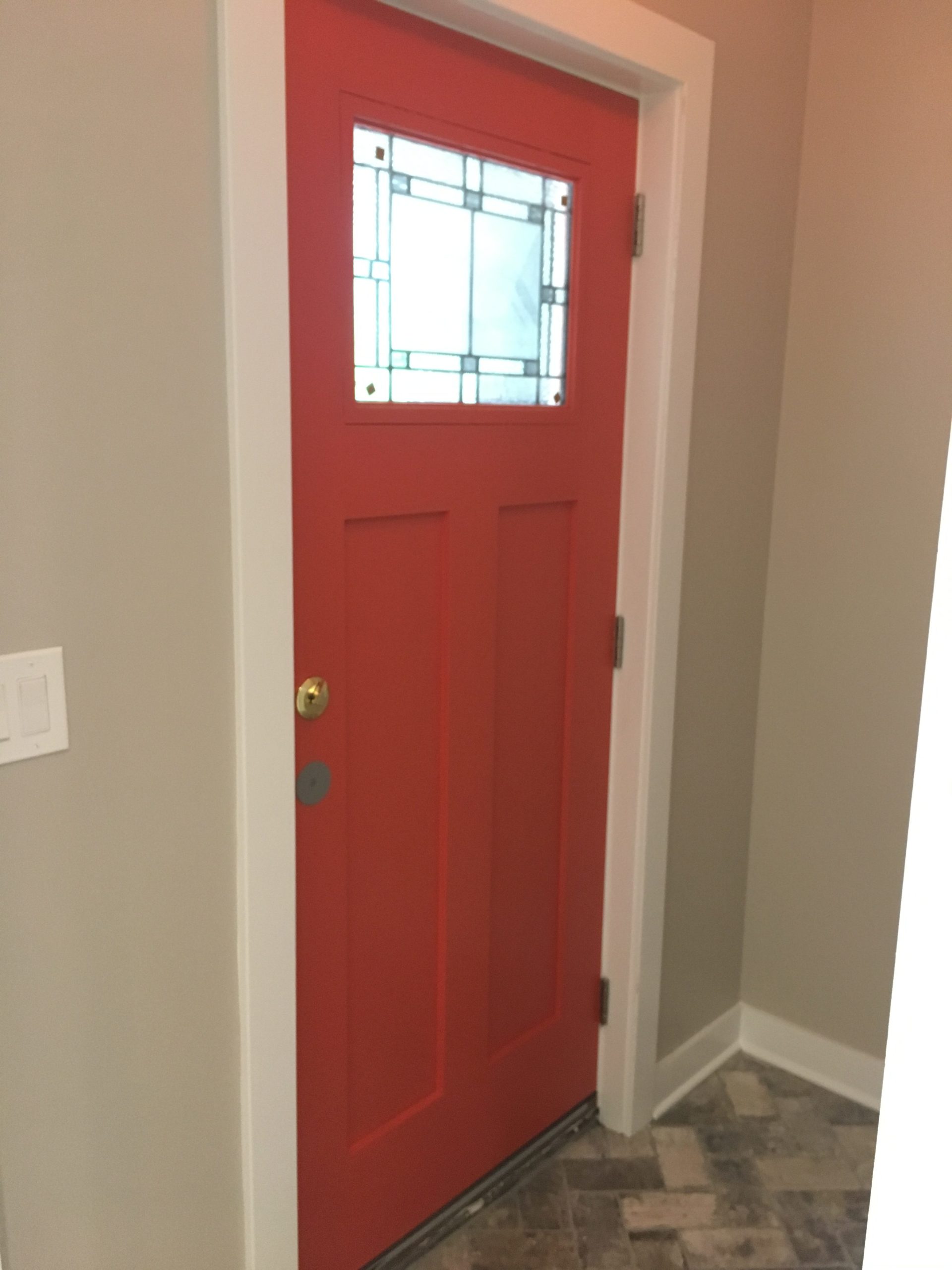 A red door viewed indoor